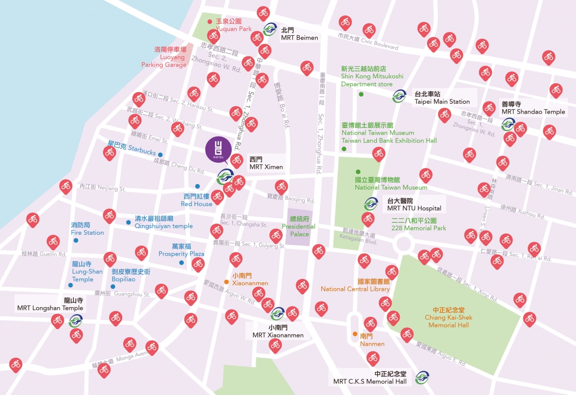 西門町YouBike微笑單車租借站點 台北西門町自行車租借地圖,標示西門町、北門、龍山寺、中正紀念堂及周邊自行車租借站點