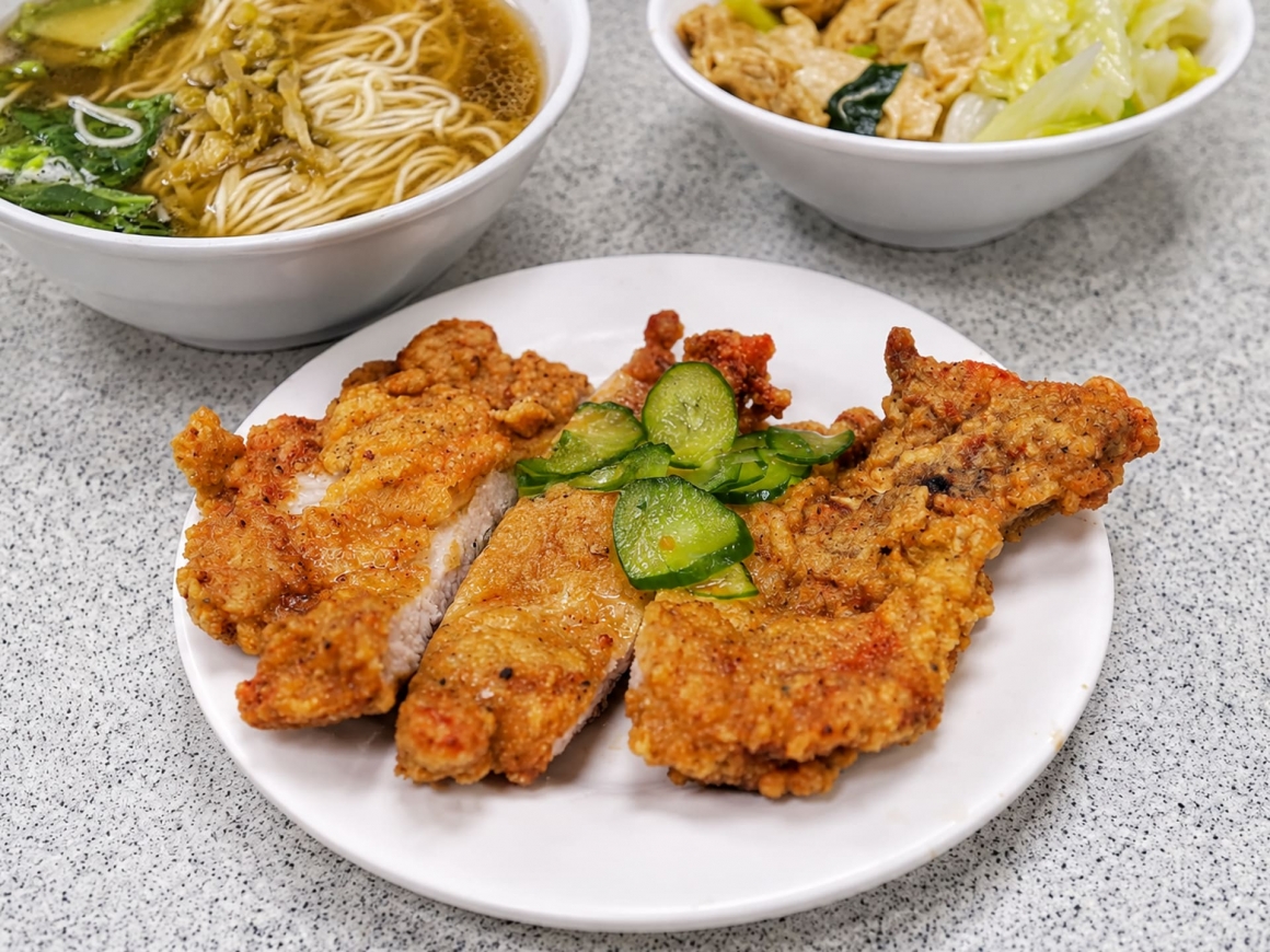 萬年大樓金園排骨的酥炸排骨與小黃瓜片。